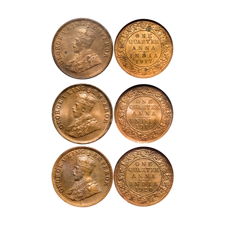 George V, Bronze, Quarter Anna (3 slabs), 1917, 1919, 1920, Calcutta Mint, No dot. F.Prid 