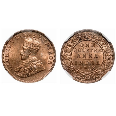 George V, Bronze, Quarter Anna, 1918, Calcutta Mint, No dot. F. Prid # 663. GK 1177. NGC S