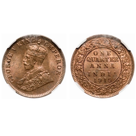 George V, Bronze, Quarter Anna, 1919, Calcutta Mint, No dot. F. Prid # 664. GK 1178. NGC S
