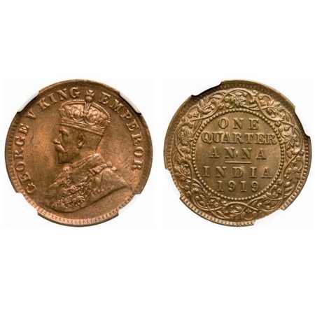 George V, Bronze, Quarter Anna, 1919, Calcutta Mint, No dot. F. Prid # 664. GK 1178. NGC S