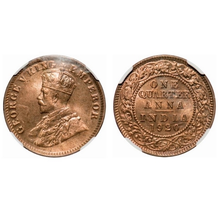 George V, Bronze, Quarter Anna, 1920, Calcutta Mint, No dot. F. Prid # 665. GK 1179. NGC S