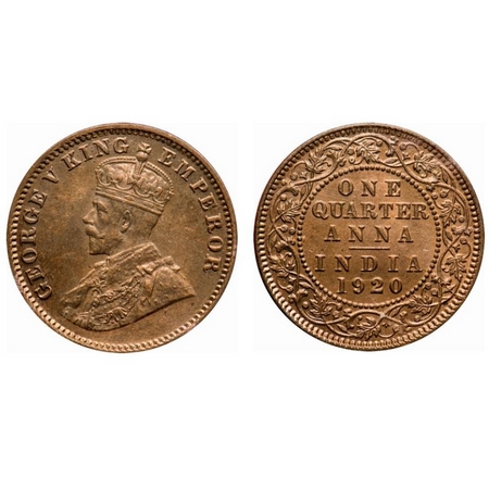 George V, Bronze, Quarter Anna, 1920, Calcutta Mint, No dot. F. Prid # 665. GK 1179. NGS S
