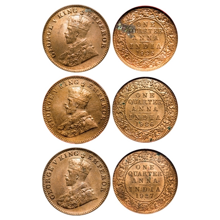George V, Bronze, Quarter Anna (3 slabs), 1925, 1926, 1927, Bombay Mint, Dot. F. Prid # 67