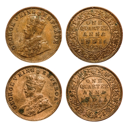 George V, Bronze, Quarter Anna (2 slabs), 1926, Bombay Mint, 1) Big dot, 2) Small dot. F. 