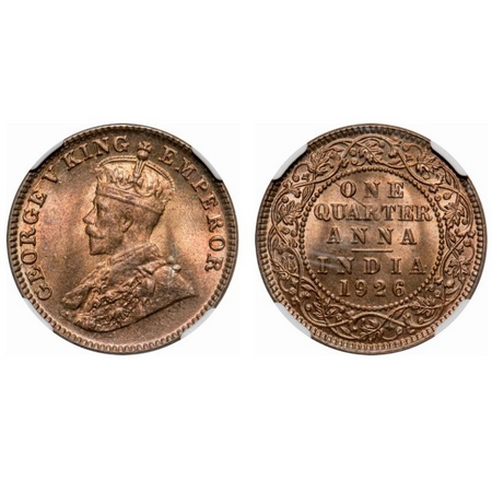 George V, Bronze, Quarter Anna, 1926, Calcutta Mint, No dot. F. Prid # 667. GK 1184. NGC S
