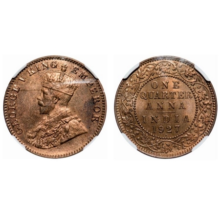 George V, Bronze, Quarter Anna, 1927, Bombay Mint, Dot. F. Prid # 680. GK 1185. NGC Slabbe