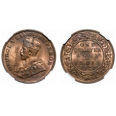 George V, Bronze, Quarter Anna, 1927, Calcutta Mint, No dot. F. Prid # 668. GK 1186. NGC S