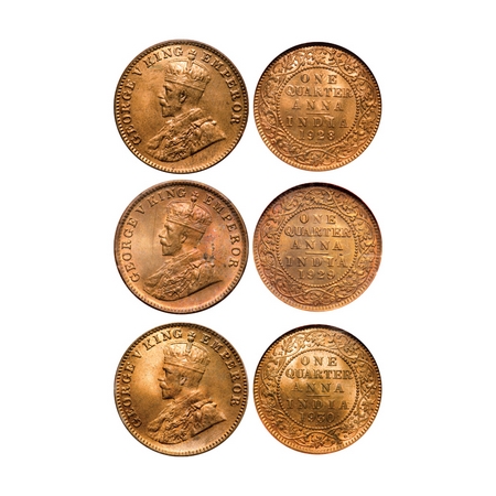 George V, Bronze, Quarter Anna (3 slabs), 1) 1928, Bombay Mint, Dot, Ghost image on Obv an