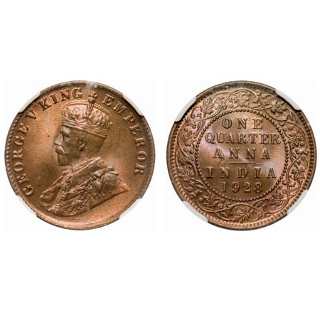 George V, Bronze, Quarter Anna, 1928, Calcutta Mint, No dot. F. Prid # 669. GK 1188. NGC S