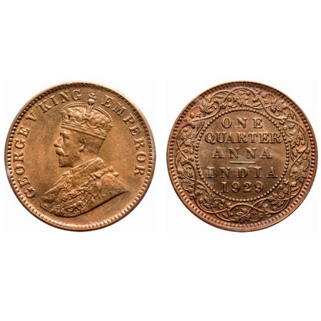 George V, Bronze, Quarter Anna, 1929, Calcutta Mint, No dot. F. Prid # 670. GK 1189. NGS S