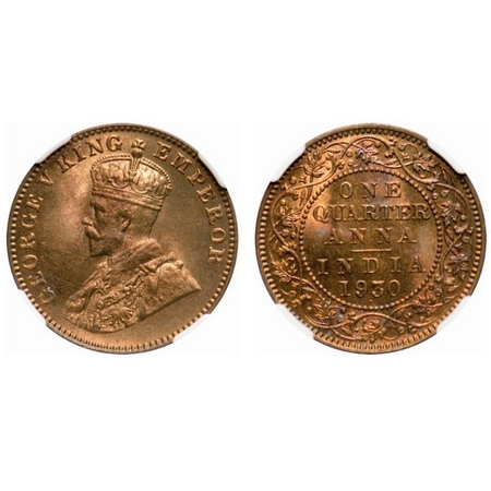 George V, Bronze, Quarter Anna, 1930, Bombay Mint, Dot. F. Prid # 671. GK 1190. NGC Slabbe