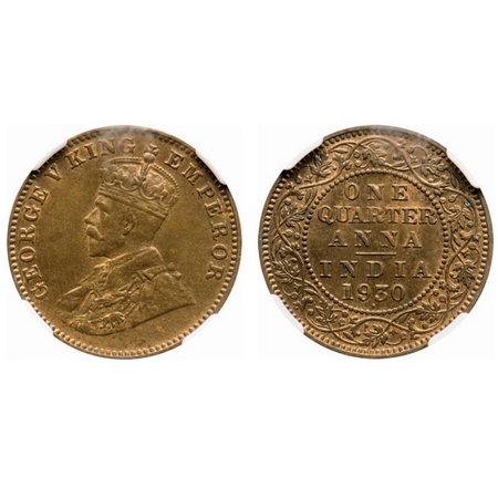 George V, Bronze, Quarter Anna, 1930, Bombay Mint, Dot. F. Prid # 671. GK 1190. NGC Slabbe