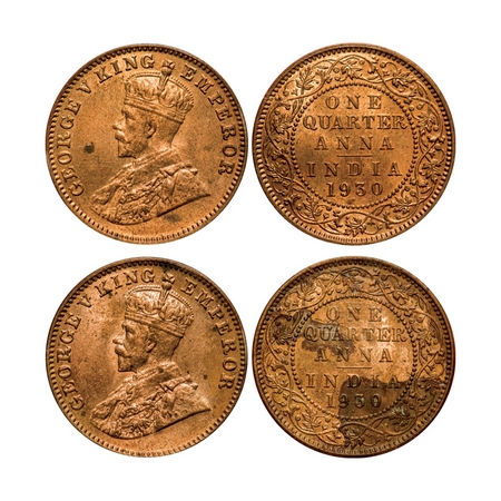 George V, Bronze, Quarter Anna (2 slabs), 1930, Bombay Mint, 1) Big dot, 2) Small dot. F. 