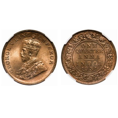 George V, Bronze, Quarter Anna, 1931, Calcutta Mint, No dot. F. Prid # 672. GK 1192. NGC S