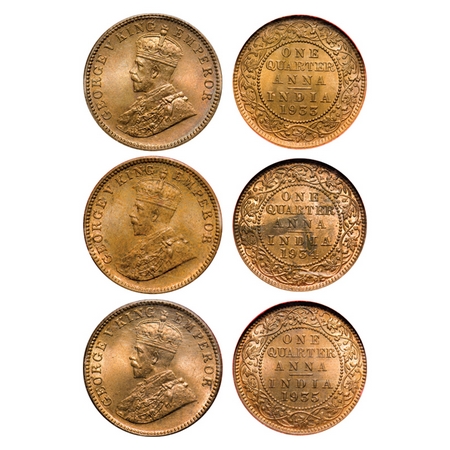 George V, Bronze, Quarter Anna (3 slabs), Calcutta Mint, 1) 1933, No dot, Planchet flaw on