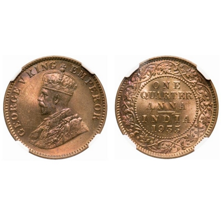 George V, Bronze, Quarter Anna, 1935, Calcutta Mint, No dot. F. Prid # 675. GK 1195. NGC S