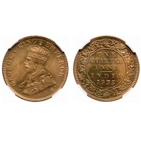 George V, Bronze, Quarter Anna, 1935, Calcutta Mint, No dot. F. Prid # 675. GK 1195. NGC S