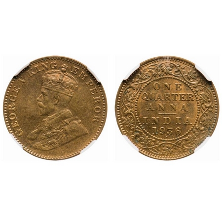 George V, Bronze, Quarter Anna, 1936, Bombay Mint, Dot. F. Prid # 683. GK 1196. NGC Slabbe