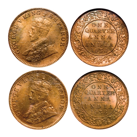 George V, Bronze, Quarter Anna (2 slabs), 1) 1936, Bombay Mint, Dot, 2) 1936, Calcutta Min