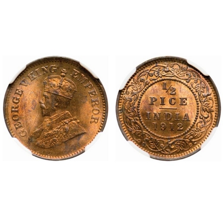 George V, Bronze, 1/2 Pice, 1912, Calcutta Mint, No mint mark. F. Prid # 745. GK 1198. NGC