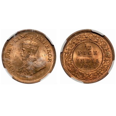 George V, Bronze, 1/2 Pice, 1914, Calcutta Mint, No mint mark. F. Prid # 747. GK 1200. NGC