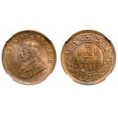 George V, Bronze, 1/2 Pice, 1921, Calcutta Mint, No mint mark. F. Prid # 754.GK 1207. NGC 