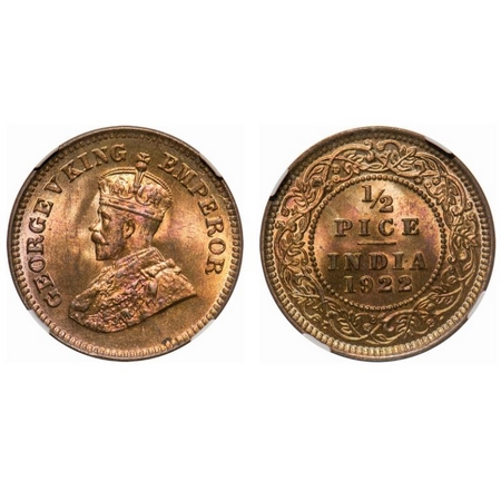George V, Bronze, 1/2 Pice, 1922, Calcutta Mint, No mint mark. F. Prid # 755. GK 1208. NGC