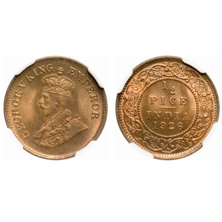 George V, Bronze, 1/2 Pice, 1926, Calcutta Mint, No mint mark. F. Prid # 759.GK 1212. NGC 