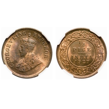 George V, Bronze, 1/2 Pice, 1927, Calcutta Mint, No mint mark. F. Prid # 760.GK 1213. NGC 