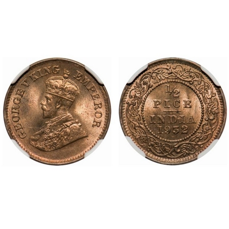 George V, Bronze, 1/2 Pice, 1932, Calcutta Mint, No mint mark. F. Prid # 765. GK 1218. NGC