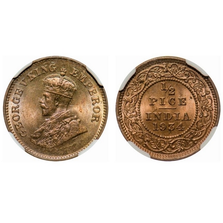 George V, Bronze, 1/2 Pice, 1934, Calcutta Mint, No mint mark. F. Prid # 767. GK 1220. NGC