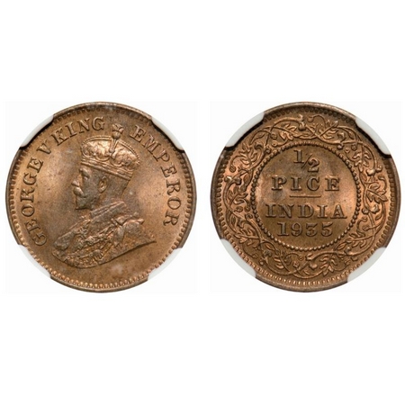 George V, Bronze, 1/2 Pice, 1935, Calcutta Mint, No mint mark. F. Prid # 768. GK 1221. NGC