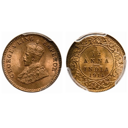 George V, Bronze, 1/12 Anna, 1914, Calcutta Mint, No dot. F. Prid # 829. GK 1225. PCGS Sla