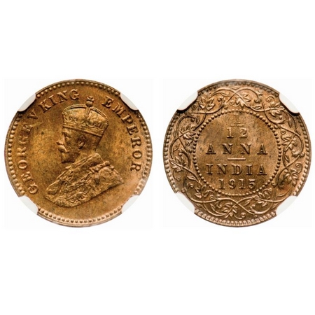 George V, Bronze, 1/12 Anna, 1915, Calcutta Mint, No dot. F. Prid # 830. GK 1226. NGC Slab