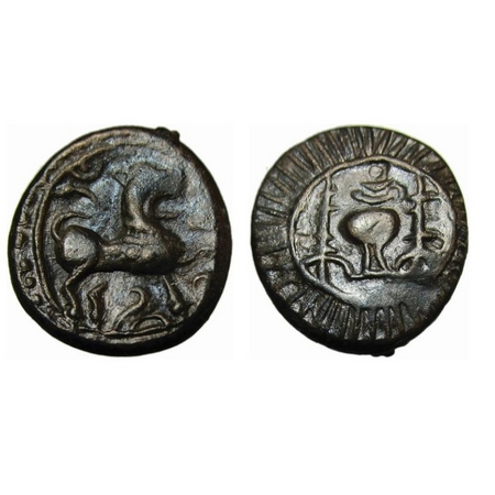 Vishnukundin Dynasty, Andhra Region, Copper Base Alloy, Obv: Roaring lion walking to right
