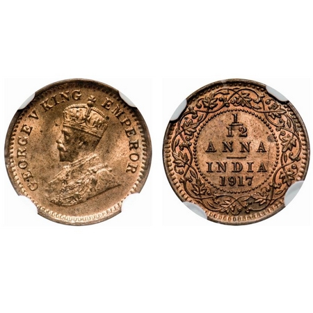 George V, Bronze, 1/12 Anna, 1917, Calcutta Mint, No dot. F. Prid # 832. GK 1228. NGC Slab