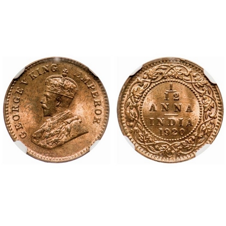 George V, Bronze, 1/12 Anna, 1920, Calcutta Mint, No dot. F. Prid # 835. GK 1231. NGC Slab