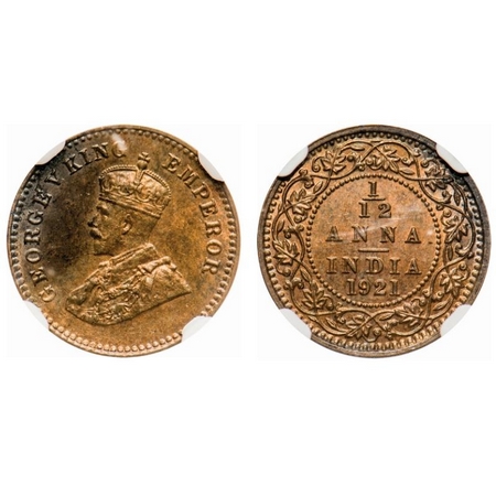 George V, Bronze, 1/12 Anna, 1921, Calcutta Mint, No dot. F. Prid # 836. GK 1232. NGC Slab