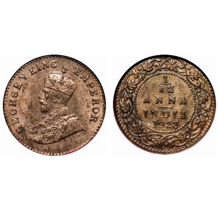 George V, Bronze, 1/12 Anna, 1923, Bombay Mint, Dot. F. Prid # 851. GK 1233. NGS Slabbed M