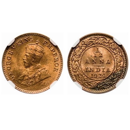 George V, Bronze, 1/12 Anna, 1924, Bombay Mint, Dot. F. Prid # 852. GK 1235. NGC Slabbed M