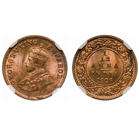 George V, Bronze, 1/12 Anna, 1926, Calcutta Mint, No dot. F. Prid # 840. GK 1240. NGC Slab