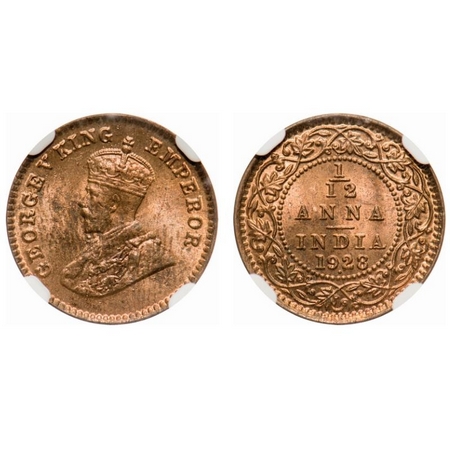 George V, Bronze, 1/12 Anna, 1928, Bombay Mint, Dot. F. Prid # 856. GK 1243. NGC Slabbed M