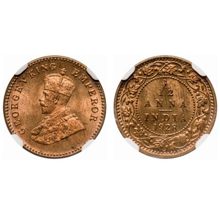 George V, Bronze, 1/12 Anna, 1928, Calcutta Mint, No dot. F. Prid # 842. GK 1244. NGC Slab