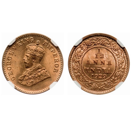 George V, Bronze, 1/12 Anna, 1929, Calcutta Mint, No dot. F. Prid # 843. GK 1245. NGC Slab