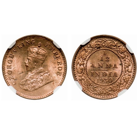 George V, Bronze, 1/12 Anna, 1930, Calcutta Mint, No dot. F. Prid # 844. GK 1246. NGC Slab