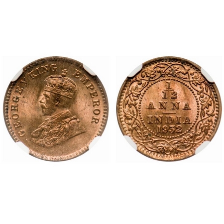 George V, Bronze, 1/12 Anna, 1932, Calcutta Mint, No dot. F. Prid # 846. GK 1248. NGC Slab