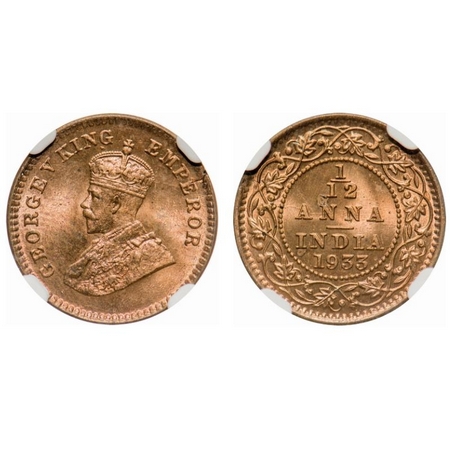 George V, Bronze, 1/12 Anna, 1933, Calcutta Mint, No dot. F. Prid # 847. GK 1249. NGC Slab