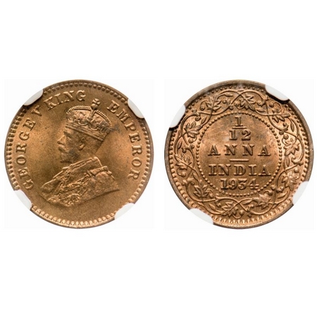 George V, Bronze, 1/12 Anna, 1934, Calcutta Mint, No dot. F. Prid # 848. GK 1250. NGC Slab