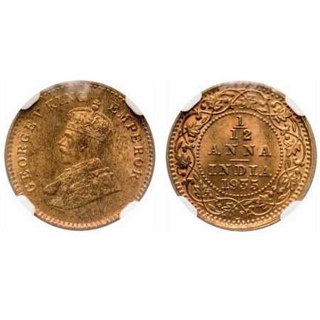 George V, Bronze, 1/12 Anna, 1935, Calcutta Mint, No dot. F. Prid # 849. GK 1251. NGC Slab
