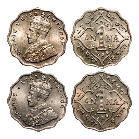 George V, Copper-Nickel (2 slabs), 1 Anna, 1936, Bombay Mint, 1) Small dot, 2) Big dot. F.
